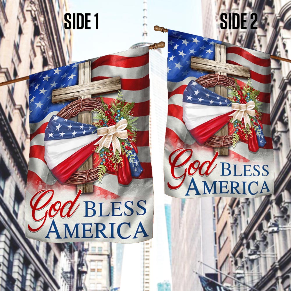Flagwix American Flag - God Bless America American Wreath Patriot Christian Cross Flag