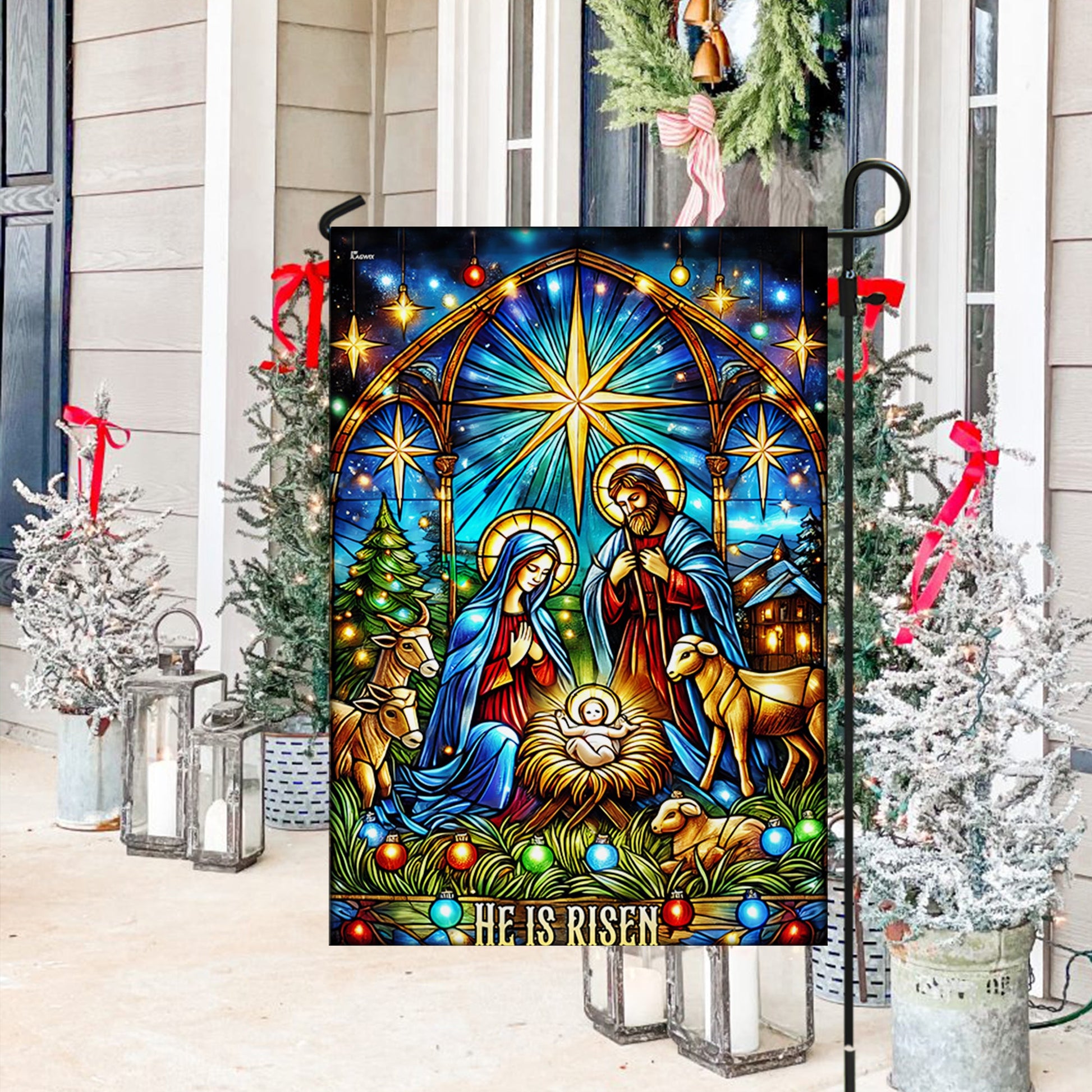 Nativity of Jesus Stained Glass Christmas He Is Risen Flag