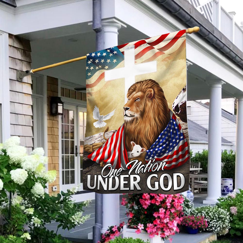 One Nation Under God Lion Lamb Christian Cross Flag