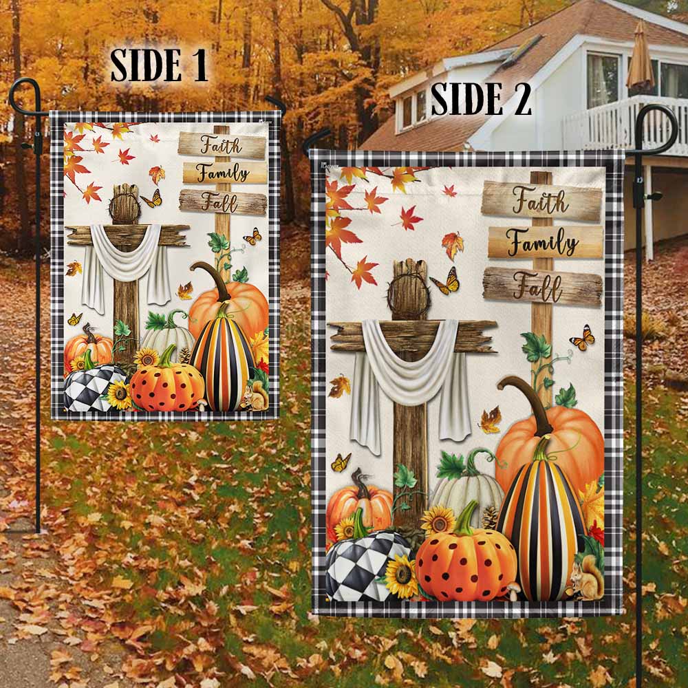 Fall Flag Faith, Family, Fall Christian Cross Pumpkins Thanksgiving Flag TPT352Fv2