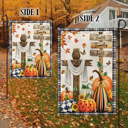 Fall Flag Faith, Family, Fall Christian Cross Pumpkins Thanksgiving Flag TPT352Fv2
