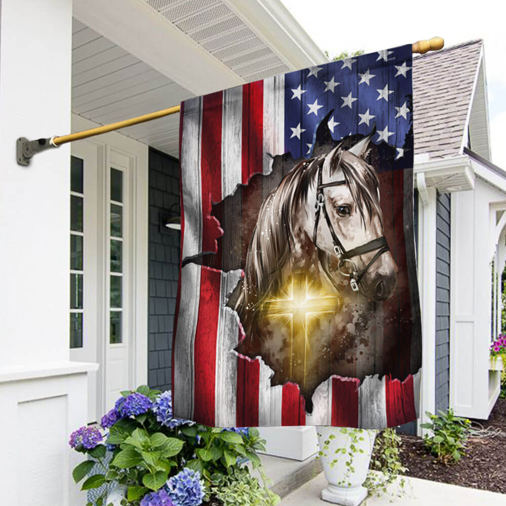 Horse Stand With God Christian Cross American Flag