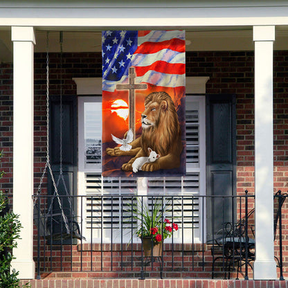 Lion and Lamb Christian Cross American Flag