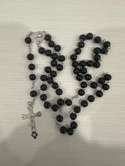 Five Decade Pearl Rosary — Catholic Prayer Beads with Crucifix and Blessed Mother Centerpiece