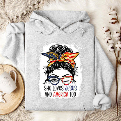 American Flag She Love Jesus America 4th July Christian Girl Hoodie