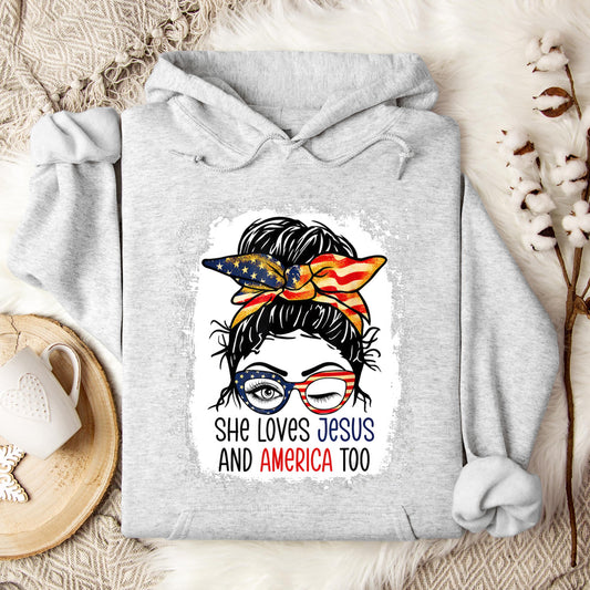 American Flag She Love Jesus America 4th July Christian Girl Hoodie