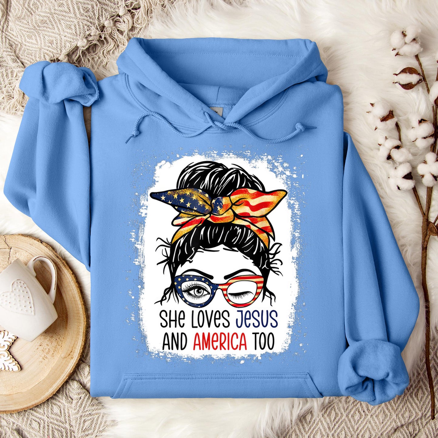 American Flag She Love Jesus America 4th July Christian Girl Hoodie