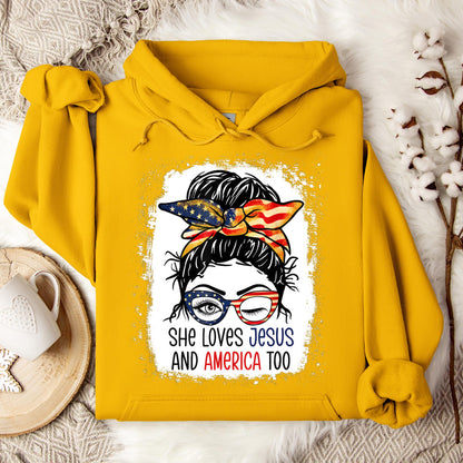 American Flag She Love Jesus America 4th July Christian Girl Hoodie