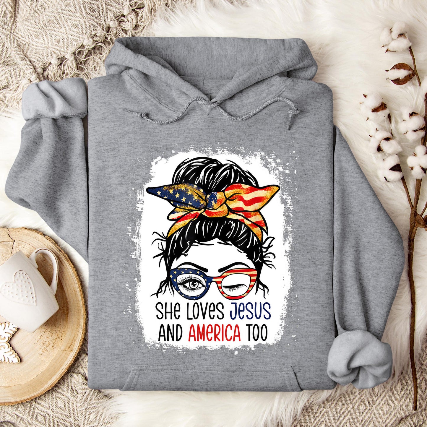 American Flag She Love Jesus America 4th July Christian Girl Hoodie