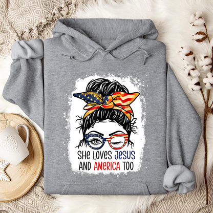 American Flag She Love Jesus America 4th July Christian Girl Hoodie