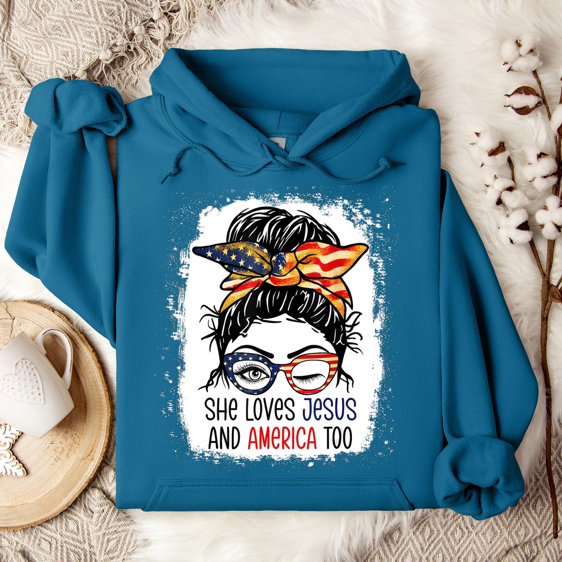 American Flag She Love Jesus America 4th July Christian Girl Hoodie