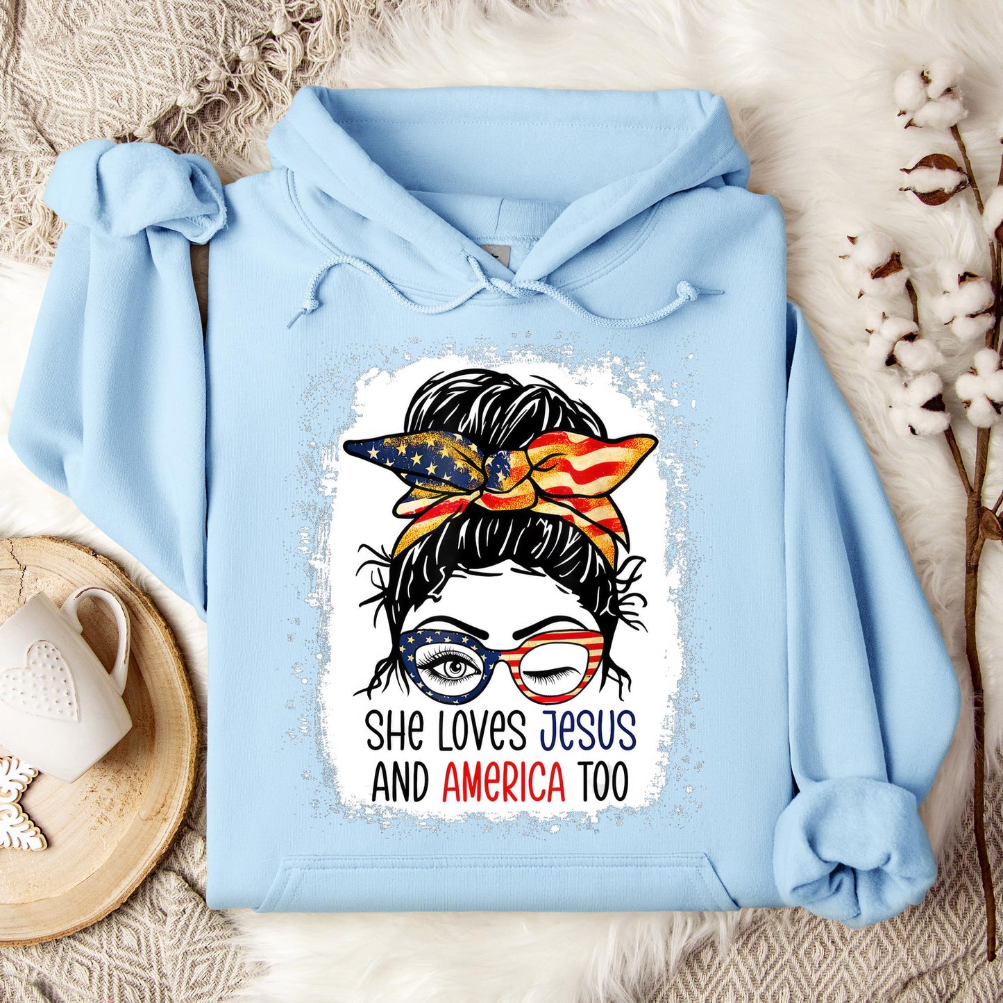 American Flag She Love Jesus America 4th July Christian Girl Hoodie