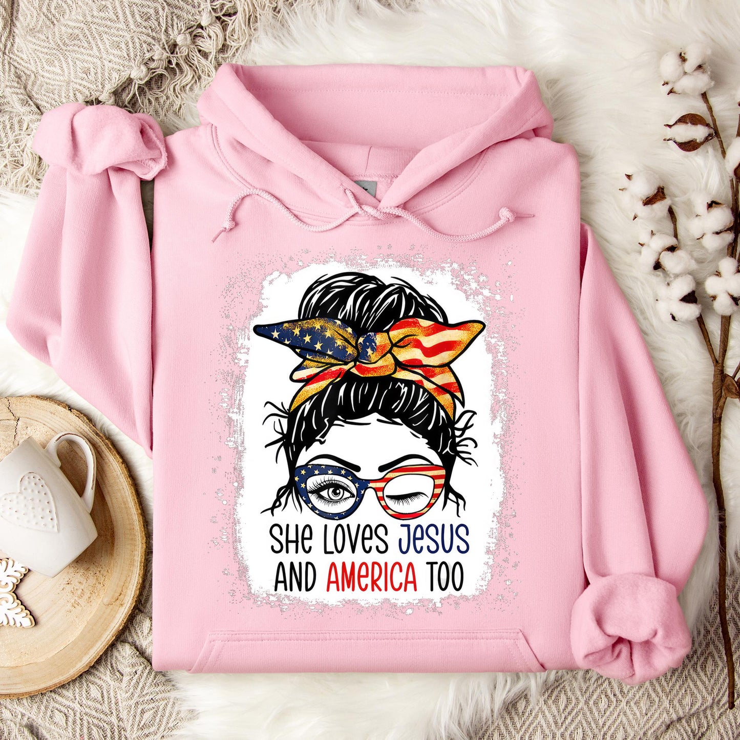 American Flag She Love Jesus America 4th July Christian Girl Hoodie