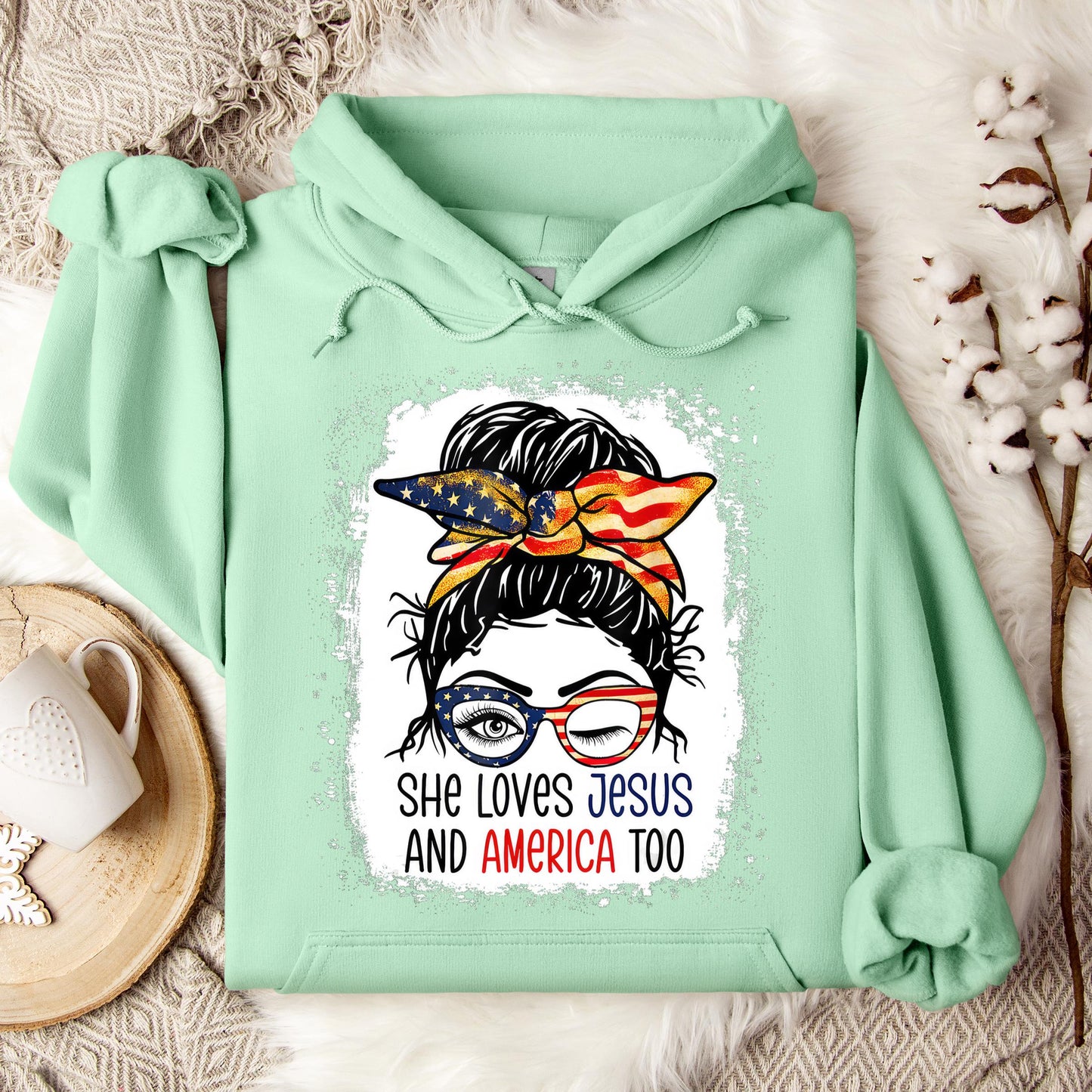 American Flag She Love Jesus America 4th July Christian Girl Hoodie