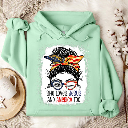 American Flag She Love Jesus America 4th July Christian Girl Hoodie
