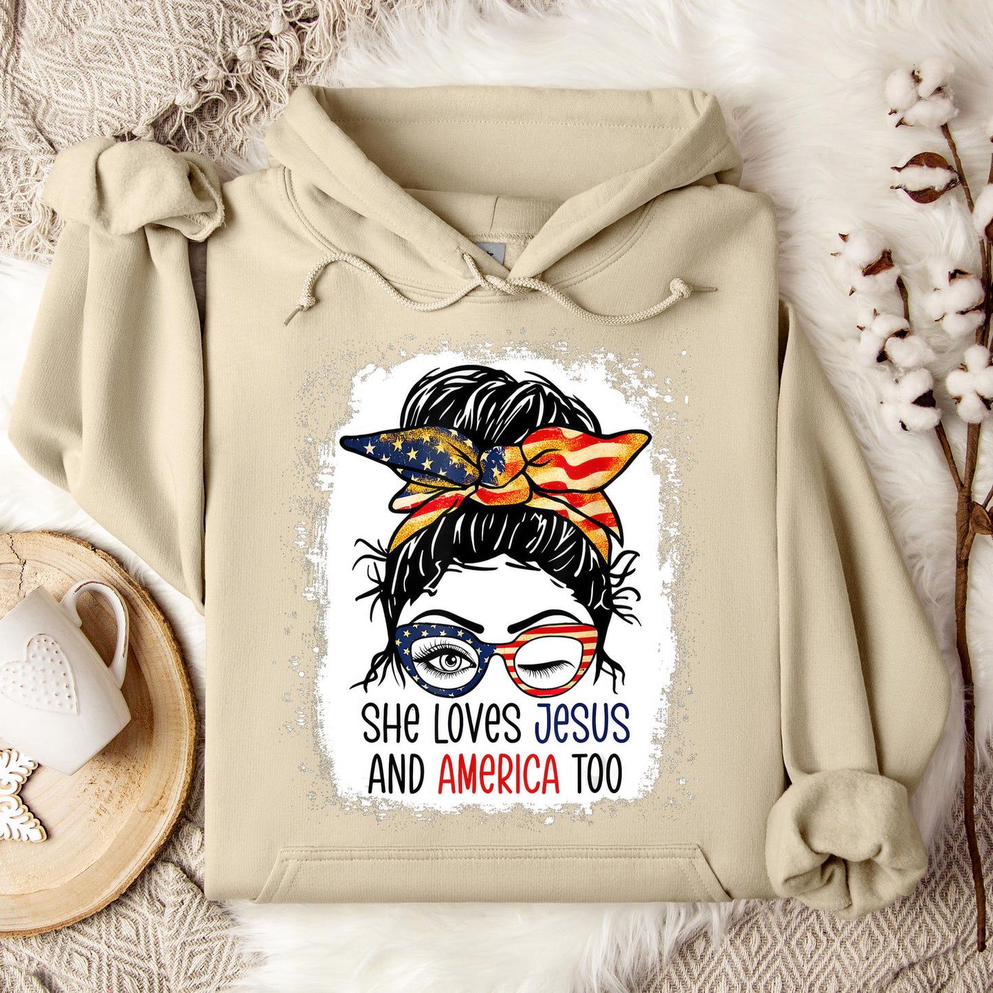 American Flag She Love Jesus America 4th July Christian Girl Hoodie