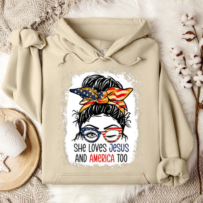 American Flag She Love Jesus America 4th July Christian Girl Hoodie