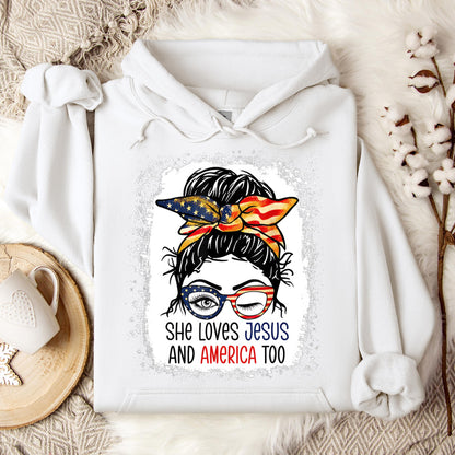 American Flag She Love Jesus America 4th July Christian Girl Hoodie