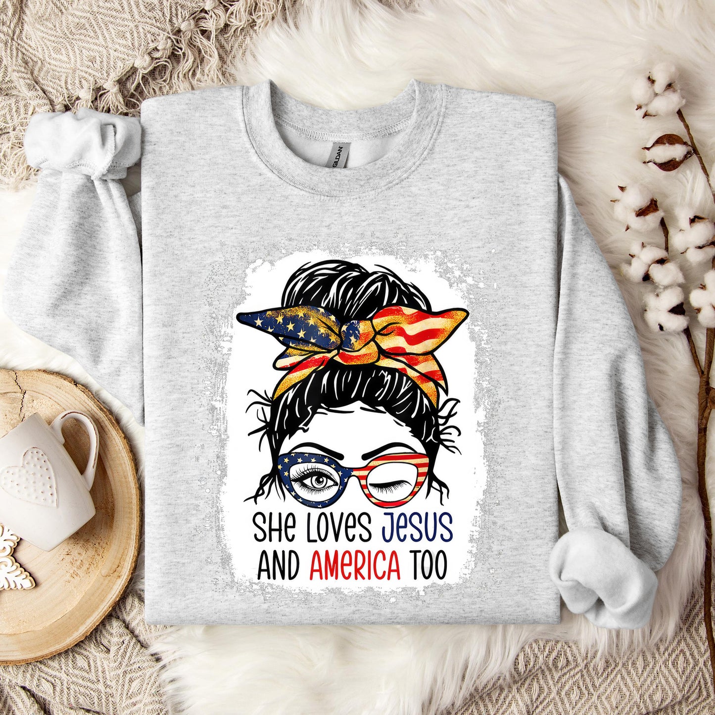 American Flag She Love Jesus America 4th July Christian Girl Sweatshirt