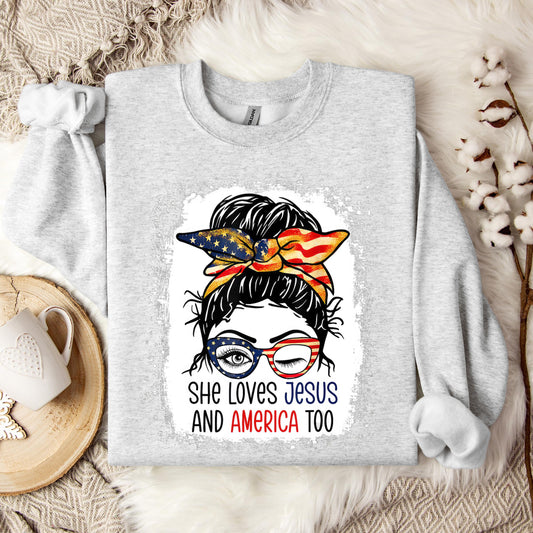 American Flag She Love Jesus America 4th July Christian Girl Sweatshirt