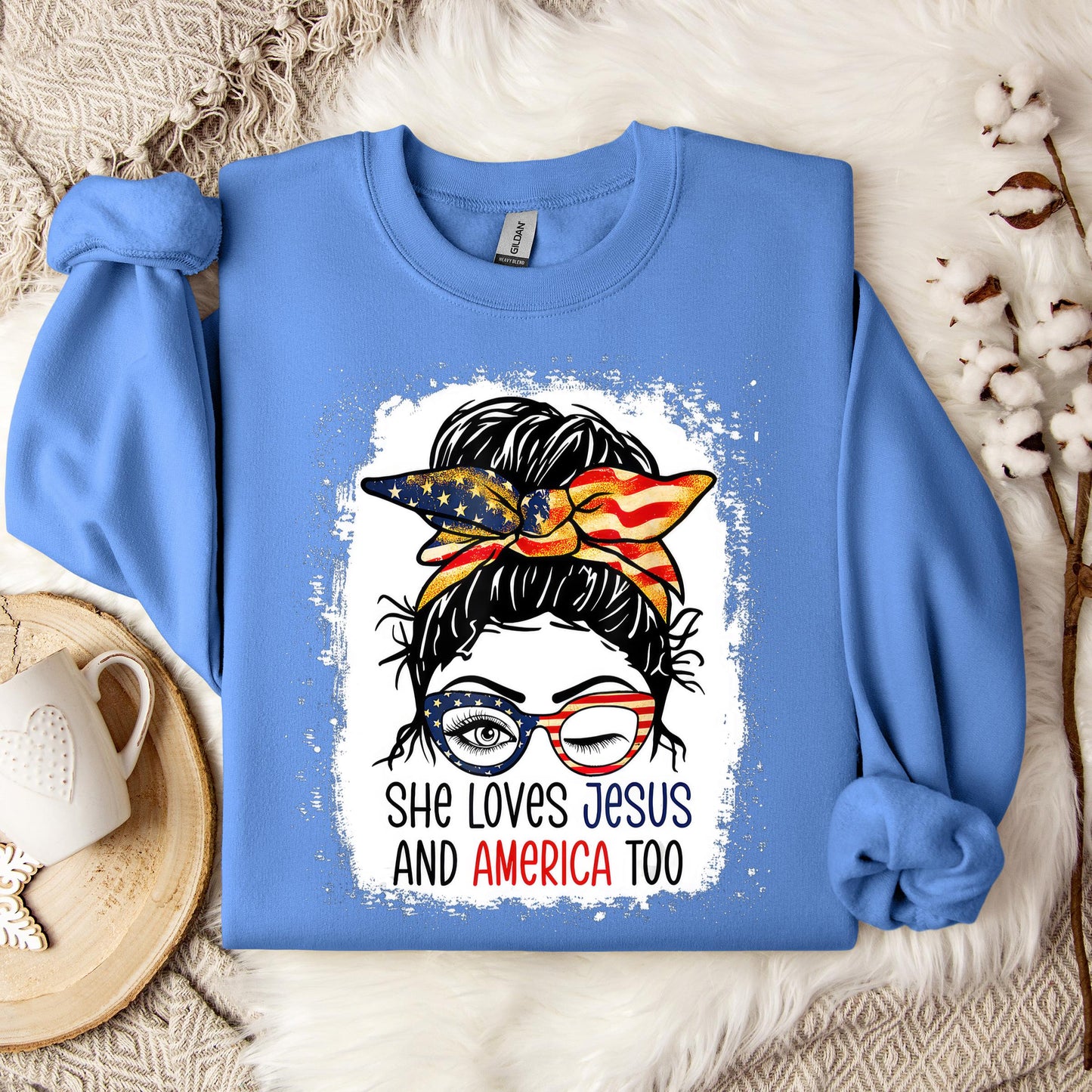 American Flag She Love Jesus America 4th July Christian Girl Sweatshirt