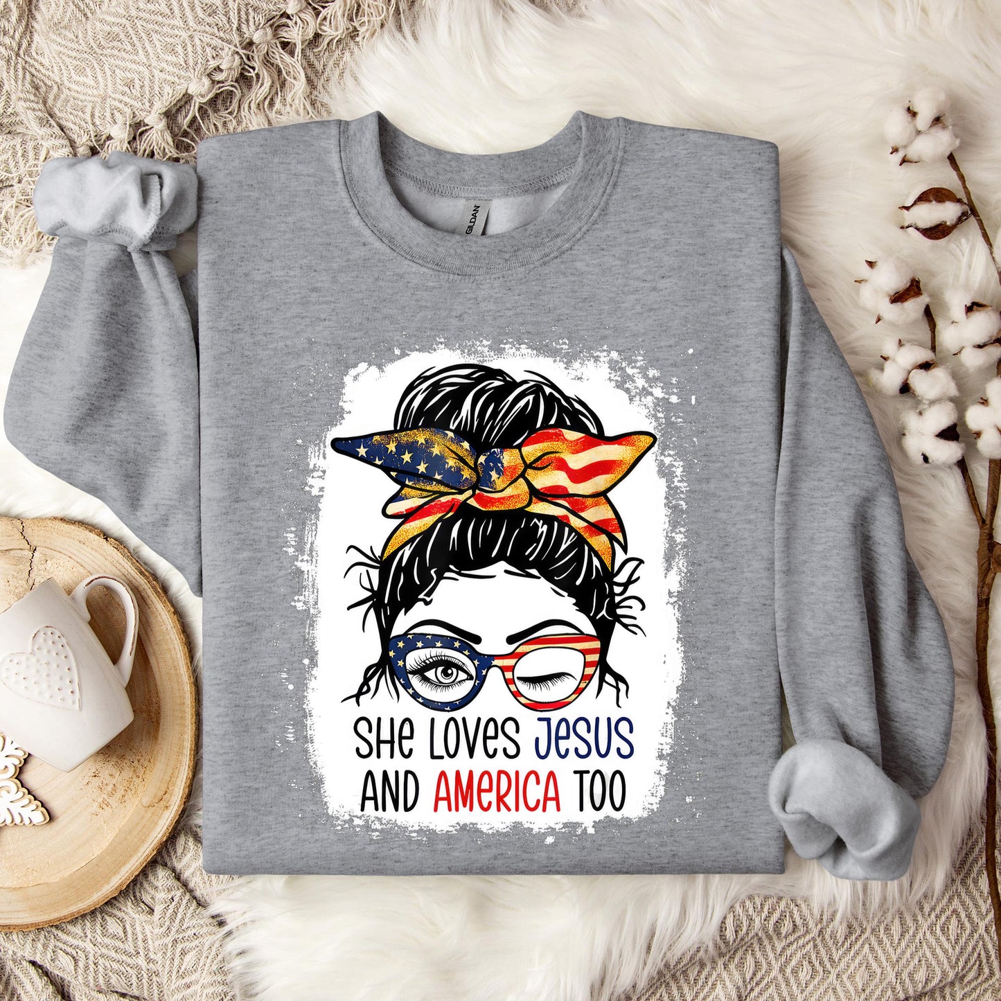 American Flag She Love Jesus America 4th July Christian Girl Sweatshirt