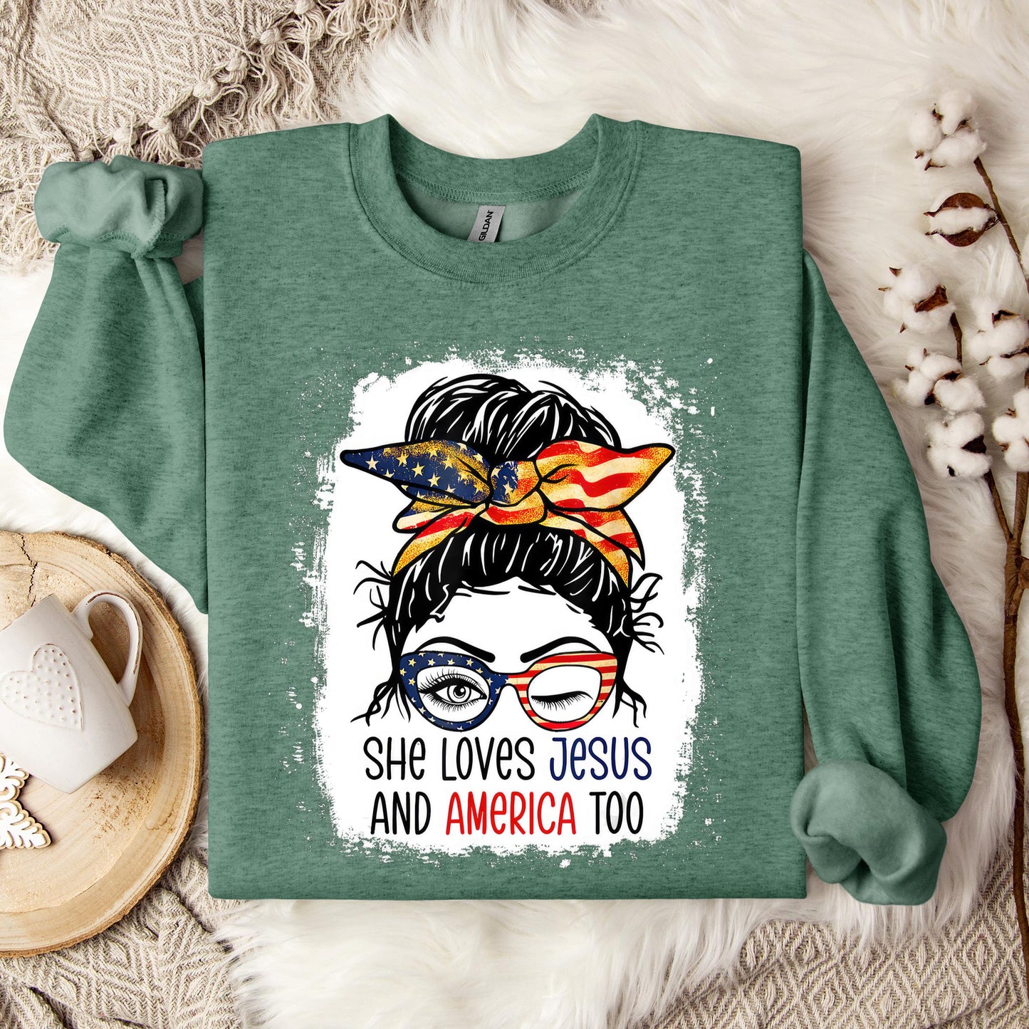 American Flag She Love Jesus America 4th July Christian Girl Sweatshirt