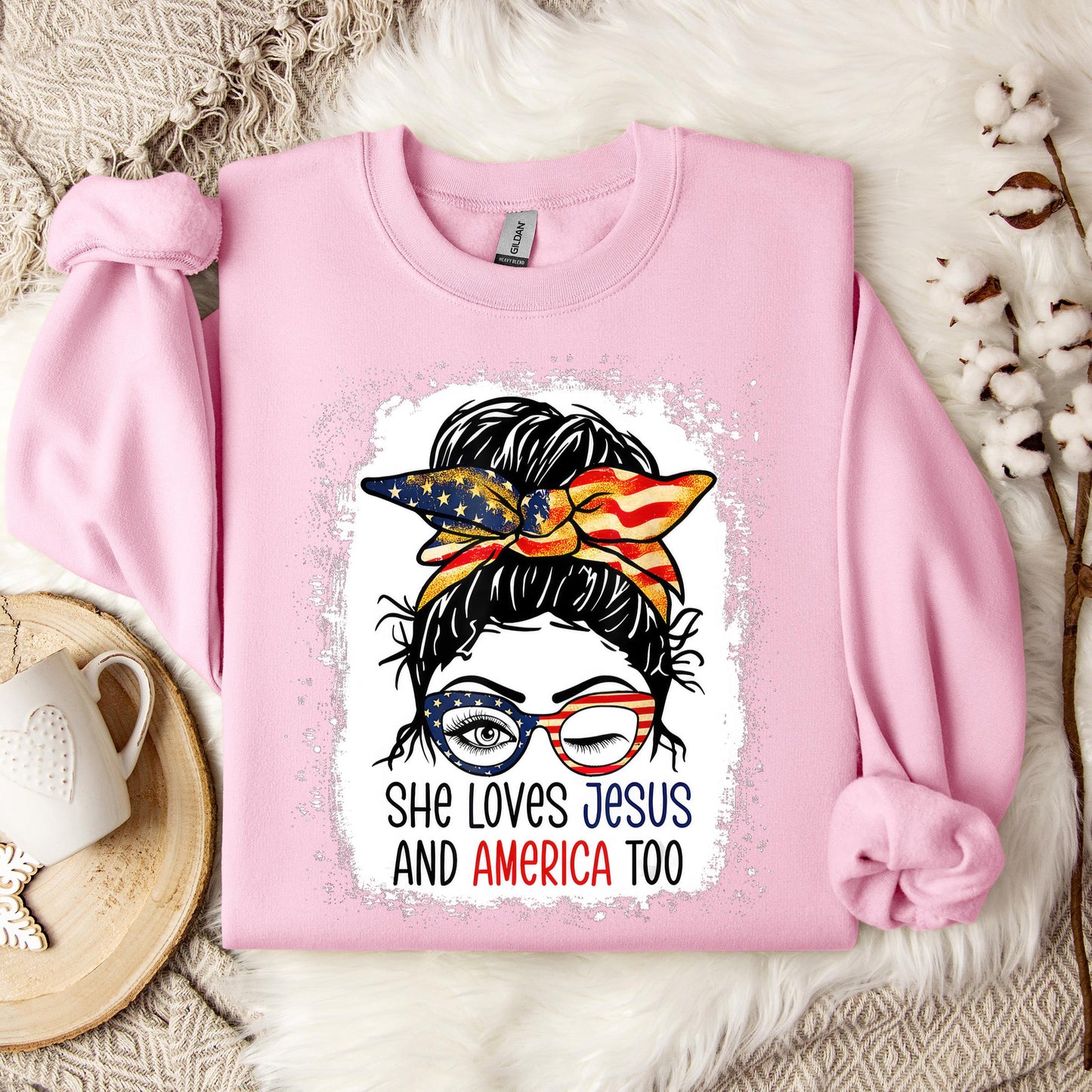 American Flag She Love Jesus America 4th July Christian Girl Sweatshirt