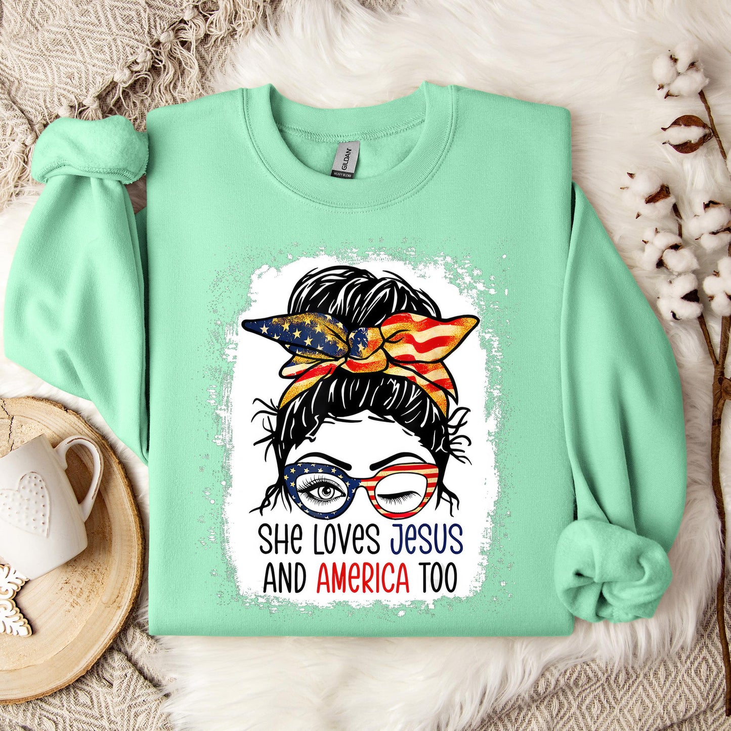 American Flag She Love Jesus America 4th July Christian Girl Sweatshirt