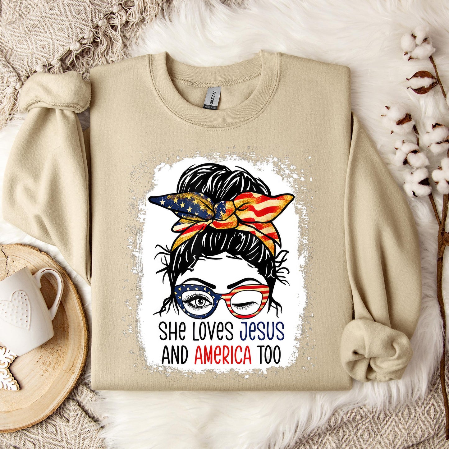American Flag She Love Jesus America 4th July Christian Girl Sweatshirt