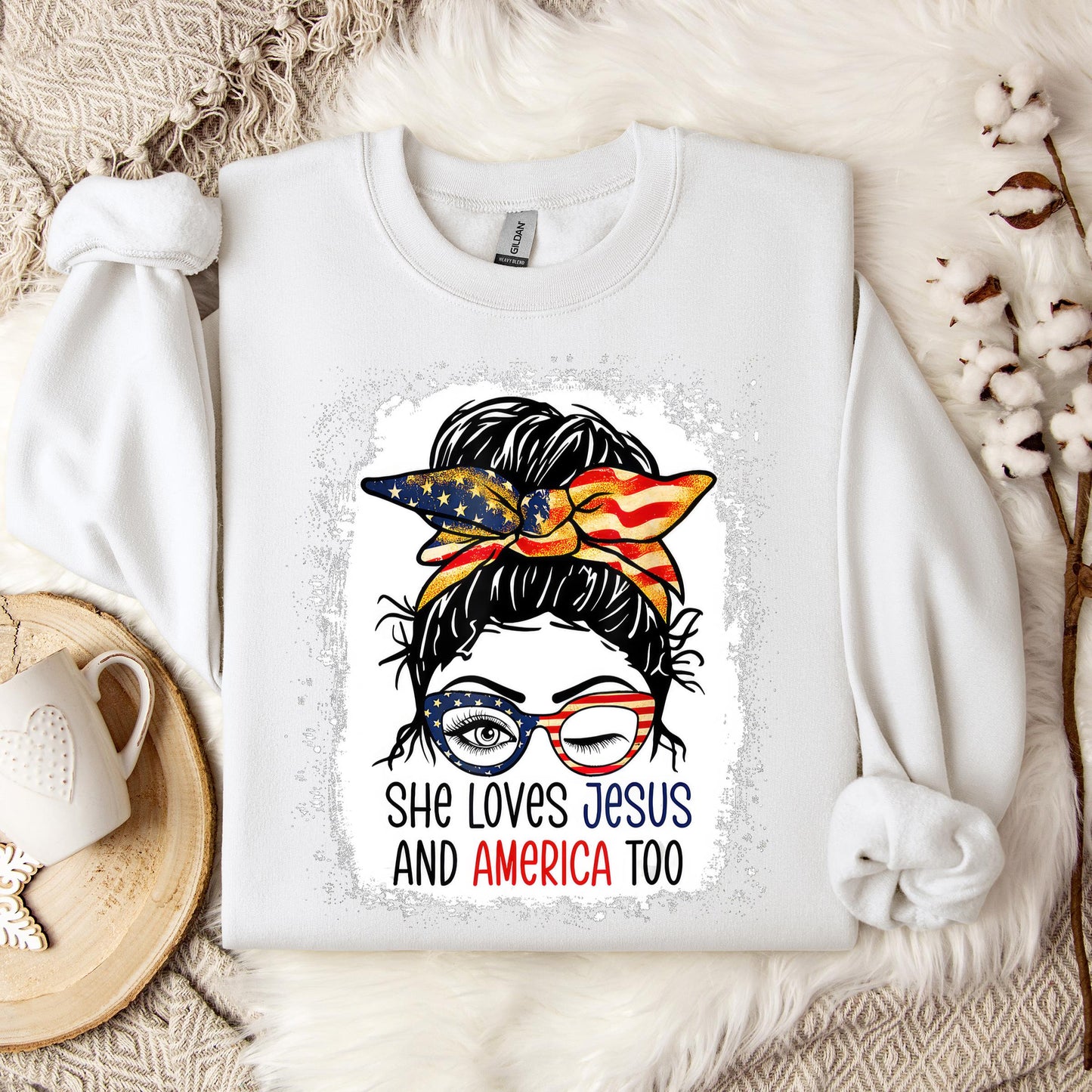 American Flag She Love Jesus America 4th July Christian Girl Sweatshirt