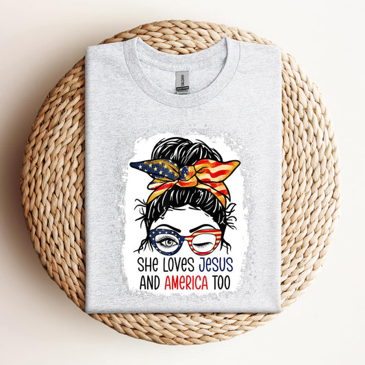 American Flag She Love Jesus America 4th July Christian Girl