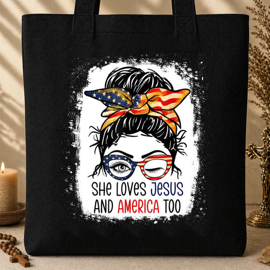 American Flag She Love Jesus America 4th July Christian Girl Tote Bag