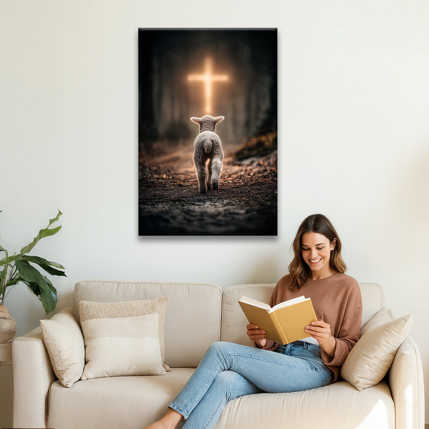 Lamb Walking Toward the Glowing Cross – Christian Wall Art Canvas
