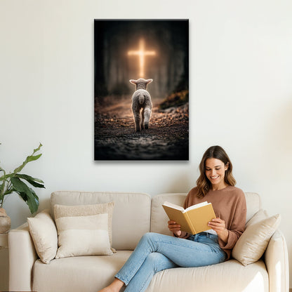 Lamb Walking Toward the Glowing Cross – Christian Wall Art Canvas