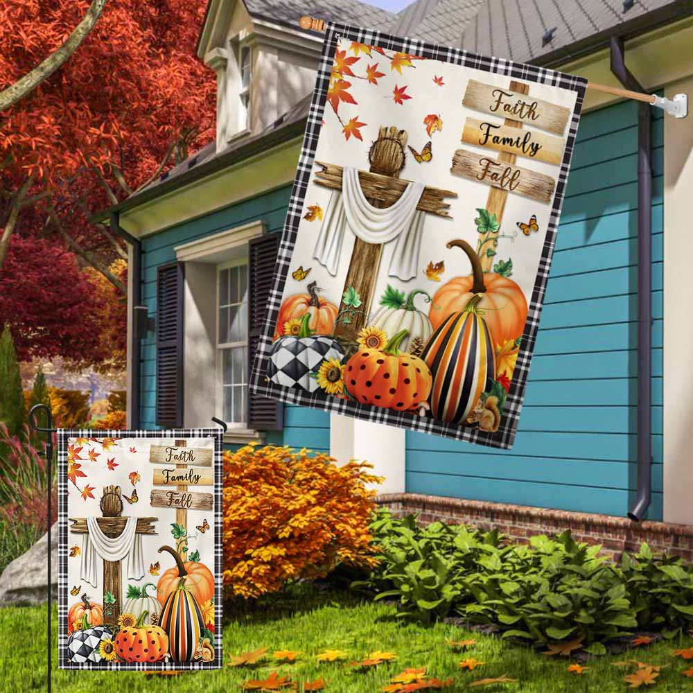 Fall Flag Faith, Family, Fall Christian Cross Pumpkins Thanksgiving Flag TPT352Fv2