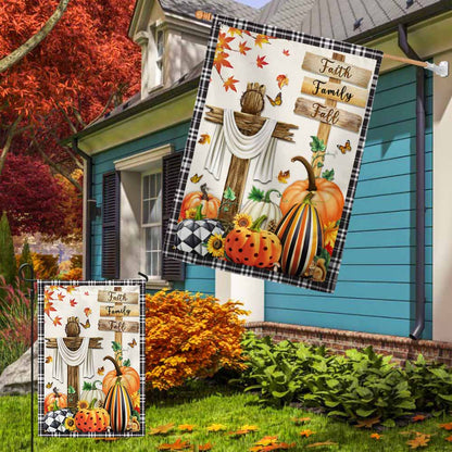 Fall Flag Faith, Family, Fall Christian Cross Pumpkins Thanksgiving Flag TPT352Fv2