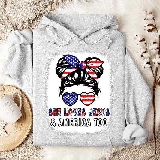 Christian 4th July Shirt Love Jesus & America USA Flag Girl Hoodie