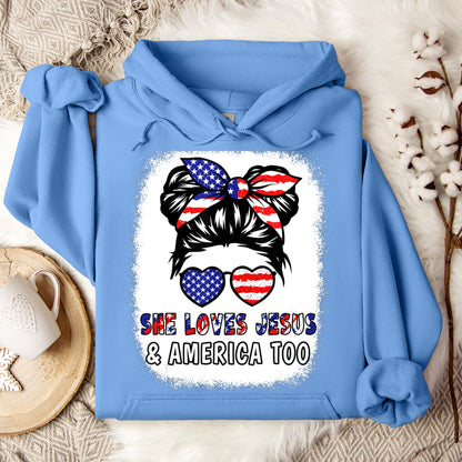 Christian 4th July Shirt Love Jesus & America USA Flag Girl Hoodie