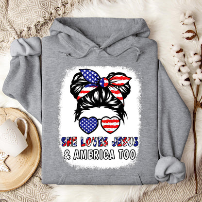 Christian 4th July Shirt Love Jesus & America USA Flag Girl Hoodie