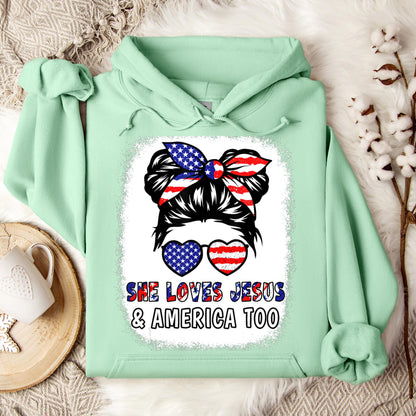 Christian 4th July Shirt Love Jesus & America USA Flag Girl Hoodie