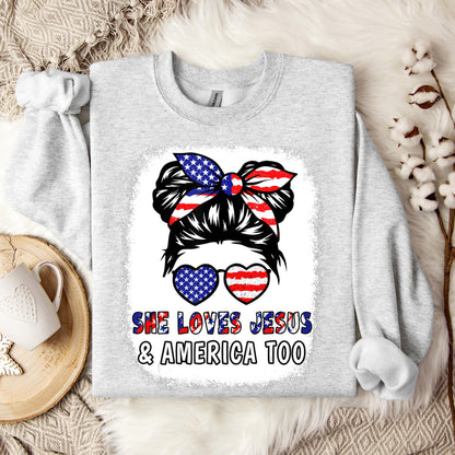 Christian 4th July Shirt Love Jesus & America USA Flag Girl Sweatshirt