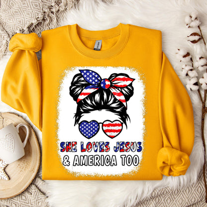 Christian 4th July Shirt Love Jesus & America USA Flag Girl Sweatshirt