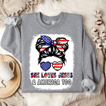 Christian 4th July Shirt Love Jesus & America USA Flag Girl Sweatshirt