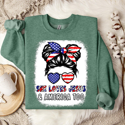 Christian 4th July Shirt Love Jesus & America USA Flag Girl Sweatshirt