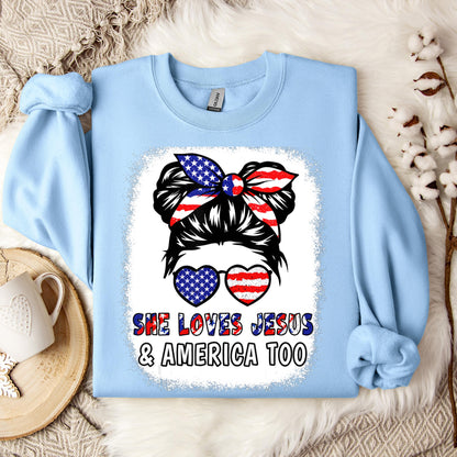 Christian 4th July Shirt Love Jesus & America USA Flag Girl Sweatshirt