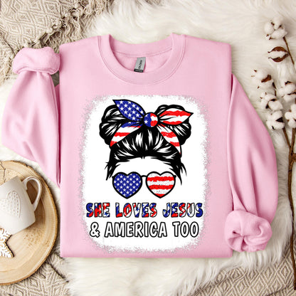 Christian 4th July Shirt Love Jesus & America USA Flag Girl Sweatshirt