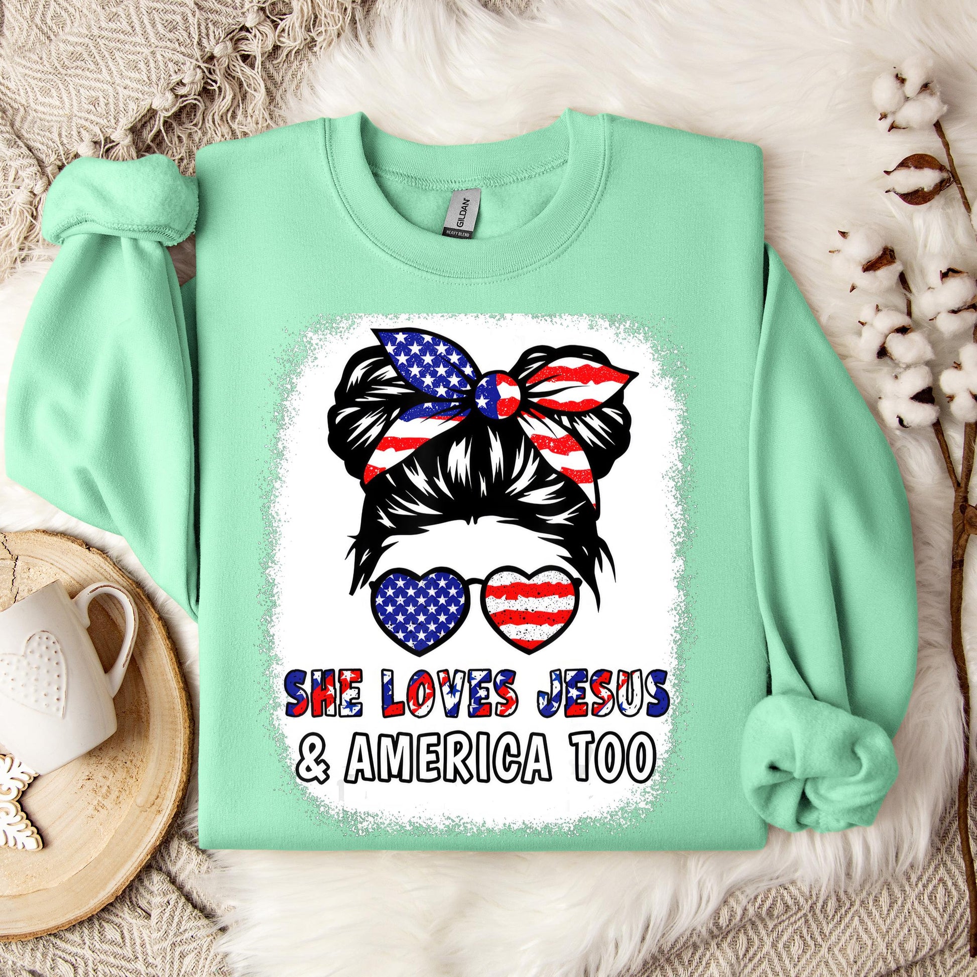Christian 4th July Shirt Love Jesus & America USA Flag Girl Sweatshirt