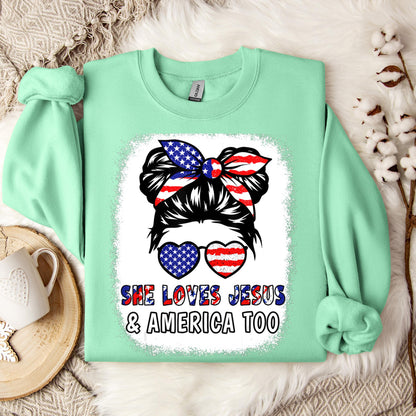 Christian 4th July Shirt Love Jesus & America USA Flag Girl Sweatshirt