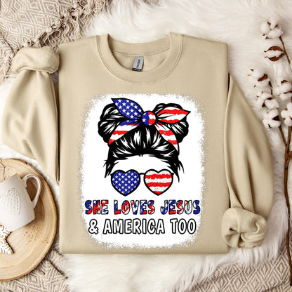 Christian 4th July Shirt Love Jesus & America USA Flag Girl Sweatshirt